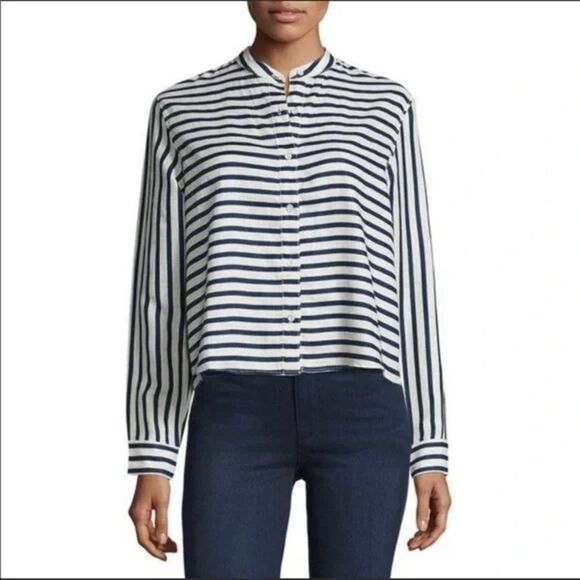 🎀Rag & bone Leeds white and blue striped linen button up blouse small Mandarin - Picture 1 of 11